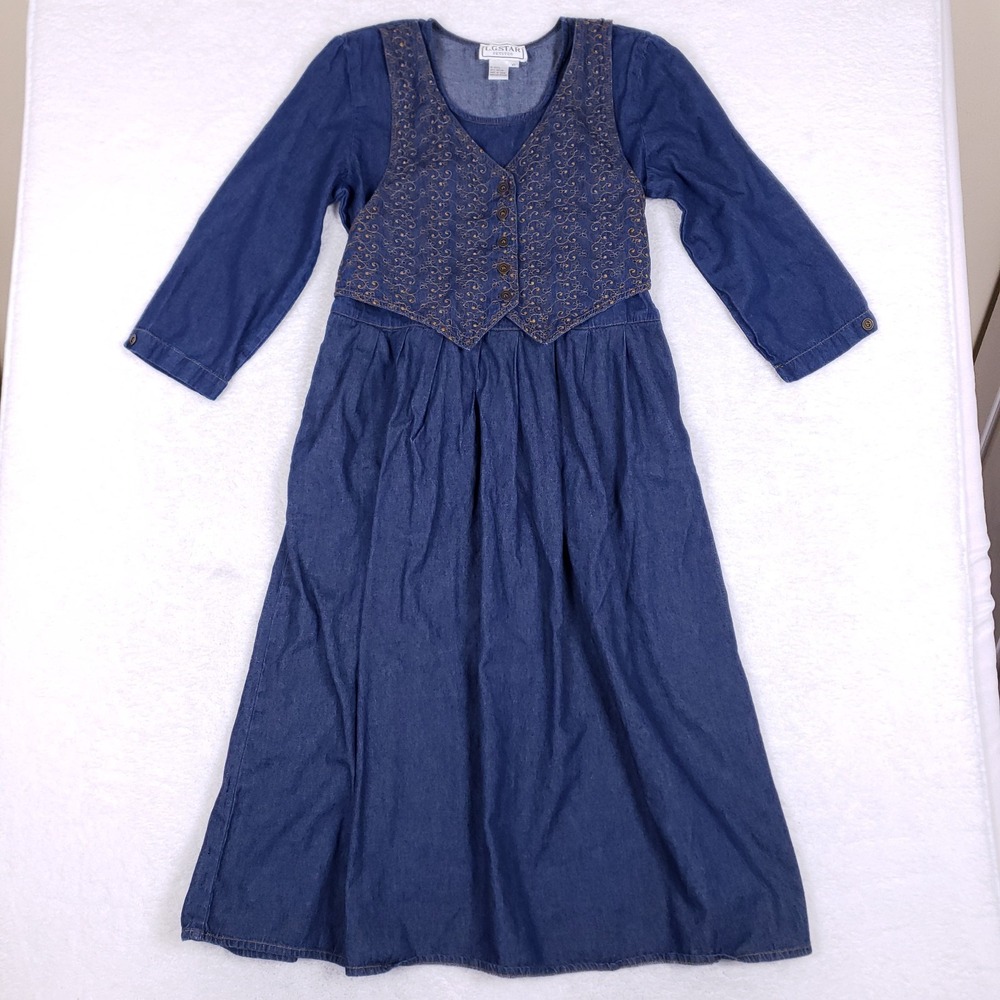 L.G. STAR Vintage Denim Dress 10 Petite‎ Faux Vest Blue Prairie Cottagecore